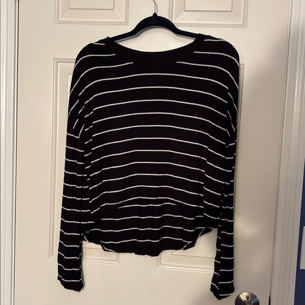 Pure Barre cropped Black and White Striped long sleeved shirt